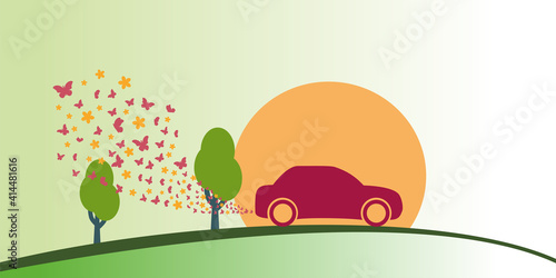 Red car. Exhaust gases in the form of a cloud of butterflies and flowers. Environmental protection concept. Banner or flyer