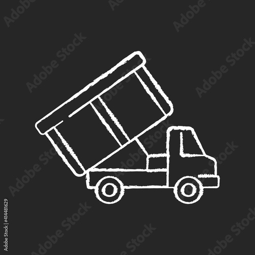 Roll-off truck chalk white icon on black background. Open top dumpster. Organizational clear outs. Convenient disposal option. Hauling household junk. Isolated vector chalkboard illustration