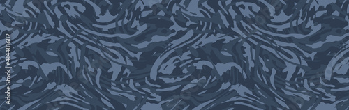 Stylish zebra pattern camouflage, modern fashion design. Grunge camo military uniform. Blue navy sea shade color, fashionable, fabric. Vector seamless texture.