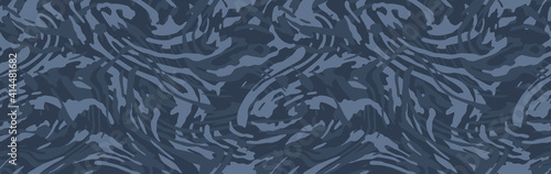 Stylish zebra pattern camouflage, modern fashion design. Grunge camo military uniform. Blue navy sea shade color, fashionable, fabric. Vector seamless texture.