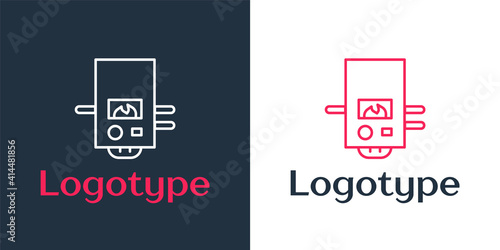 Logotype line Gas boiler with a burning fire icon isolated on white background. Logo design template element. Vector.