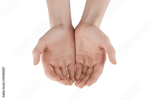 skinny female hands without manicure on a white background