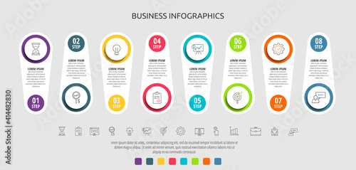 Business vector infographic circles for eight label, diagram, graph, presentations. Concept with 8 options used with content, flowchart, steps, timeline, workflow, marketing.