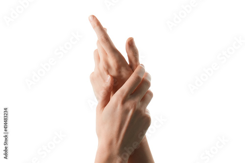 skinny female hands without manicure on a white background