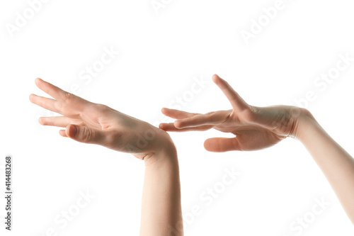 skinny female hands without manicure on a white background
