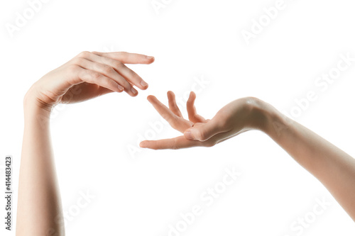 skinny female hands without manicure on a white background