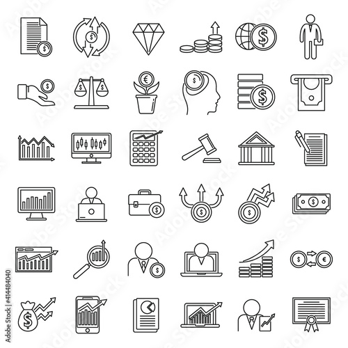 Broker auditor icons set. Outline set of broker auditor vector icons for web design isolated on white background