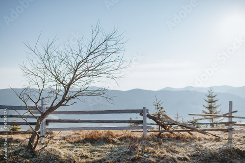 wooden rickety fence mountains landscape in early spring dry grass and blue sky