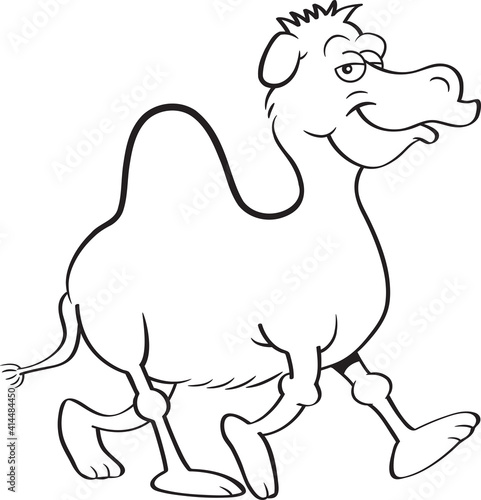 Black and white illustration of a smiling camel walking.