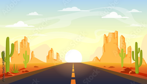 Asphalt road at sunrise in desert landscipe. Road to the sun. Vector illustration