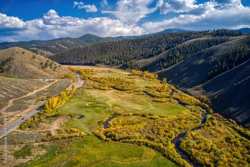 Aerial View of a Colorado Mountain Valley in Autumn near Parlin