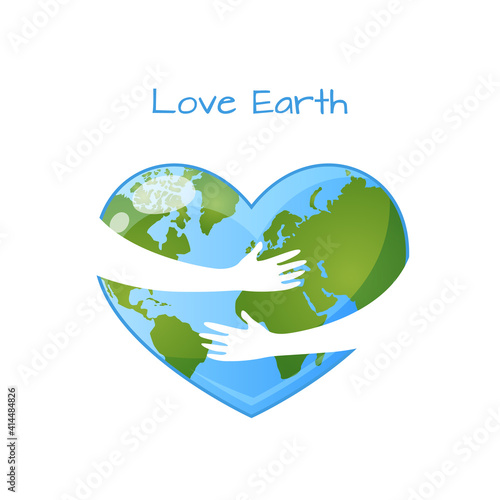 Hugging Earth in heart shape, hands holding Earth. Save our planet. World Environment day or Earth day concept. Vector illustration isolated on white background