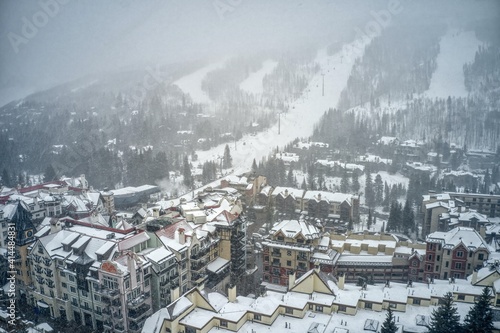 Aerial View of World Famous Vail, Colorado during an unexpected snowstorm