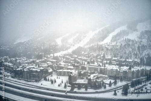 Aerial View of World Famous Vail, Colorado during an unexpected snowstorm