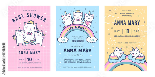 Invitation cards with caticorns set. Cute dancing baby unicorn cats with rainbow tails having fun vector illustrations with text. Baby shower party concept for flyers and postcards design