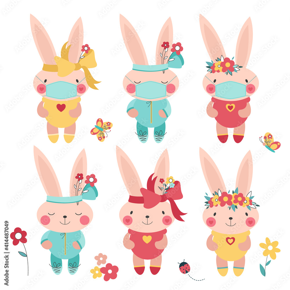 Rabbits in a medical mask with flowers. Funny hares. Spring and summer holidays. Rabbits in a medical mask with flowers. Funny hares. Spring and summer holidays.
