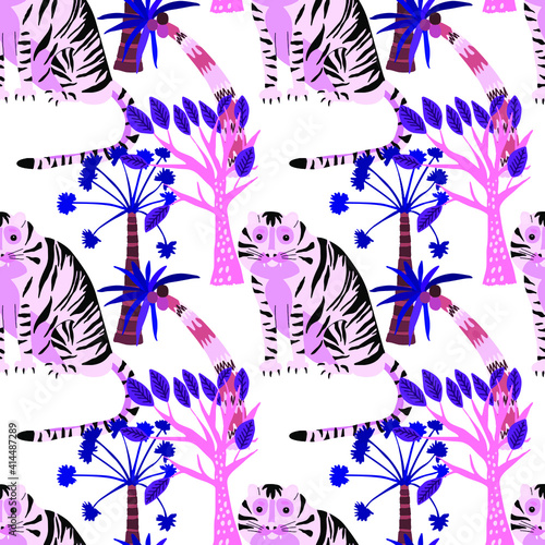 Creative seamless pattern with tiger in tropical forest. Bright summer print for any purposes. Trendy style.