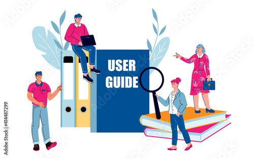 Tiny people with user guide instruction, cartoon flat vector illustration isolated. User manual, guidebook or guidance banner design with cartoon people.