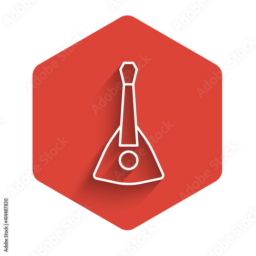 White line Musical instrument balalaika icon isolated with long shadow. Red hexagon button. Vector.