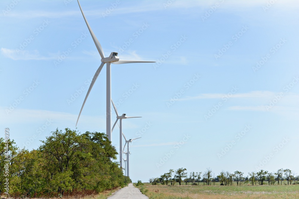 A group of windmills in natural conditions (forest, field). Wind turbine farm, alternative energy, copy space. A group of windmills in natural conditions (forest, field). Wind turbine farm, alternative energy, copy space.