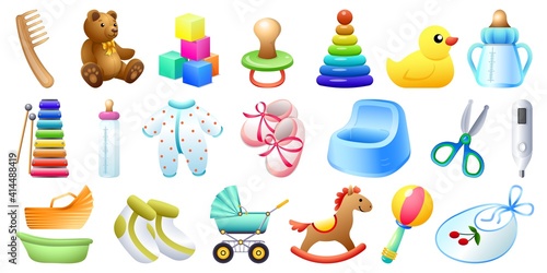 Baby items icons set. Cartoon set of baby items vector icons for web design