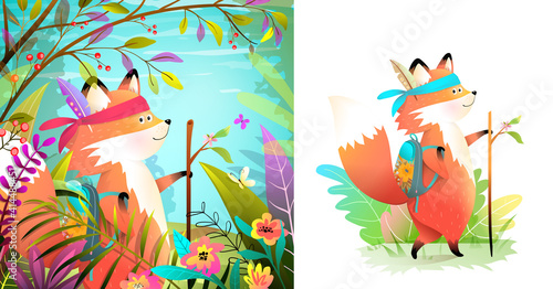 Little brave fox adventure in the forest backpacking, character and landscape design for kids. Children summer travel and camping wild fox. Vector drawing in watercolor style.