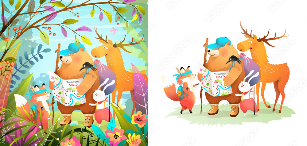 Fototapeta premium Animals nature adventure for kids, forest scout animal characters hiking and exploring. Bear, fox, deer or elk and rabbit cute cartoons for children isolated on white. Vector in watercolor style.