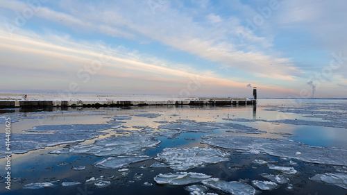 Amazing pink blue white sky above the bay in the city of Gdynia  Poland