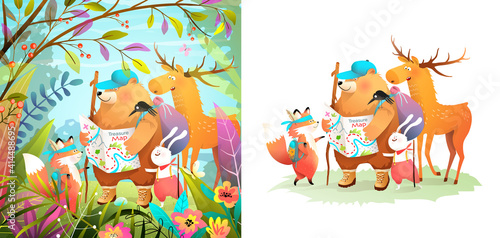 Animals nature adventure for kids, forest scout animal characters hiking and exploring. Bear, fox, deer or elk and rabbit cute cartoons for children isolated on white. Vector in watercolor style.