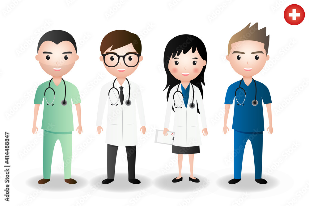 Set of doctor cartoon characters. Medical people profession staff team concept in hospital. Medical team concept on a white background. Vector illustration in flat style.
