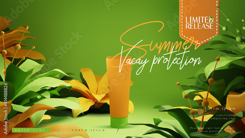Bright colorful tropical summer style cosmetic bottle ads or presentation layout template, modern trendy realistic jungle plant foliage scene vector illustration background