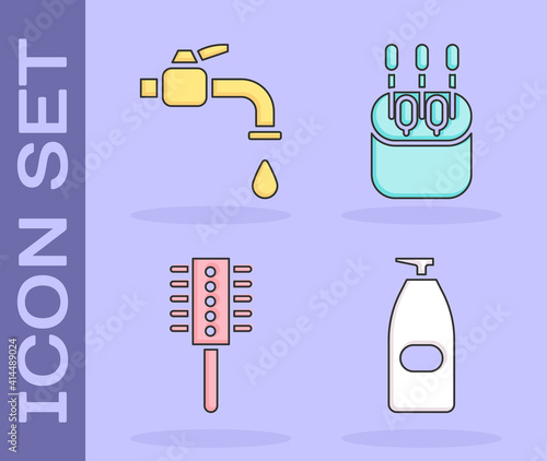Set Bottle of liquid antibacterial soap, Water tap, Hairbrush and Cotton swab for ears icon. Vector.