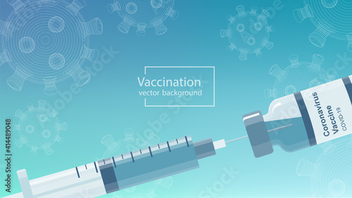 Coronavirus vaccination vector banner with covid-19 vaccine bottle, syringe and macro virus cells on turquoise blue background.