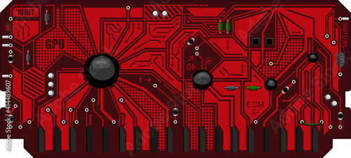 The computing module circuit Board. Red graphics video card. Printed computer motherboard with microcircuit. Electronic  background