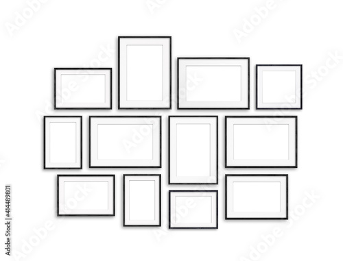 Black frames collection, twelve blank frameworks set isolated on white wall, interior decor mock up, 3d illustration