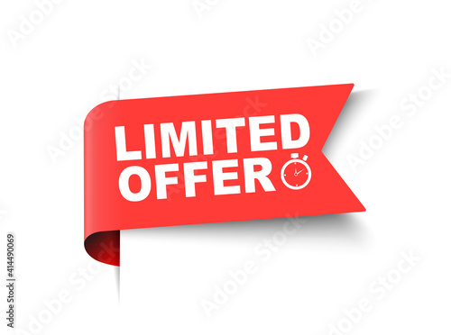 Red limited offer with clock for promotion, banner, price. Label countdown of time for offer sale or exclusive deal.Alarm clock with limited offer of chance on isolated background. vector illustration