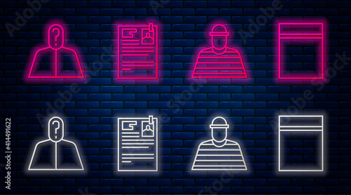 Set line Lawsuit paper, Prisoner, Anonymous with question mark and Plastic bag with ziplock. Glowing neon icon on brick wall. Vector.