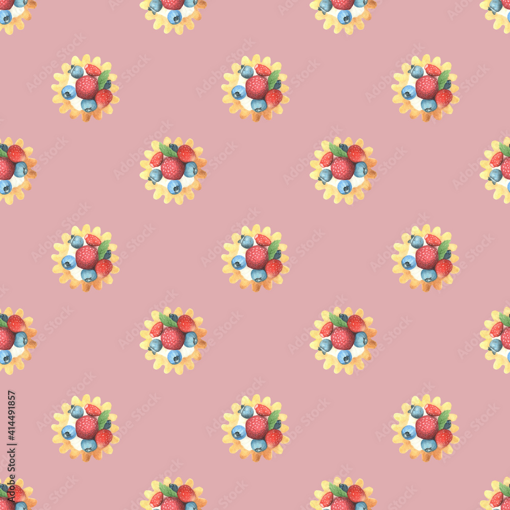 Seamless food pattern with desserts with berries and cream. Stylish pink background. Watercolor painted food.
