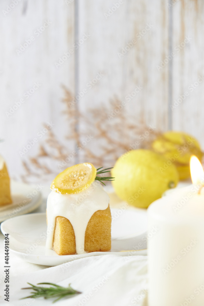 Lemon Cube pound cake set on cafe table. Lemon Cube pound cake set on cafe table.
