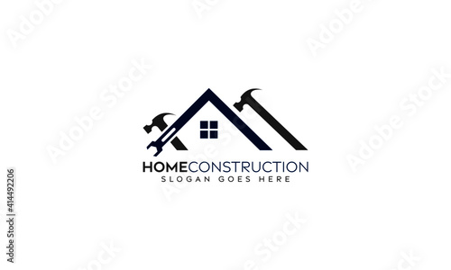 Abstract construction home repair vector logo design, hammer, tools spanner, home window icon logo design