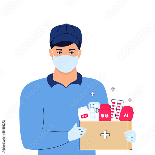 COVID-19. Coronavirus. A delivery man in a protective medical mask delivers medicaments. Quarantine. Self isolation.