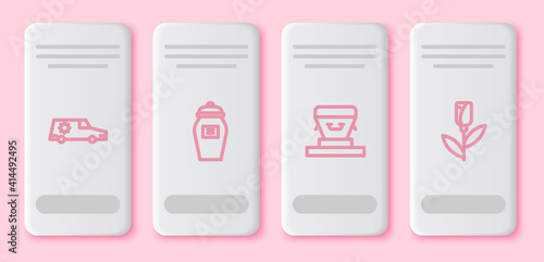 Set line Hearse car, Funeral urn, Coffin and Flower rose. White rectangle button. Vector.