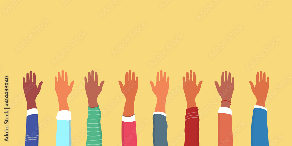 Group hands on top of each other of diverse people.Concept of teamwork community and cooperation.Diverse culture.Copy space.Vector illustration