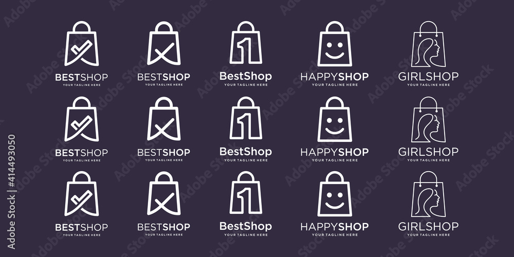 Set of bag Logo designs Template. illustration check mark, one, face happy, head beauty, combined with element bag shop sign. Set of bag Logo designs Template. illustration check mark, one, face happy, head beauty, combined with element bag shop sign.
