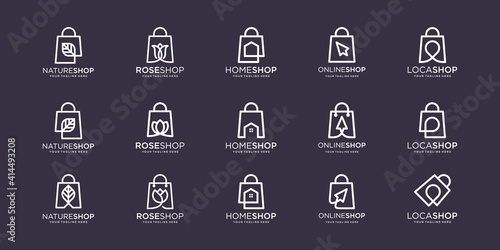 Set of bag Logo designs Template. illustration leaf, flower, home, cursor, pin, combined with element bag shop sign.