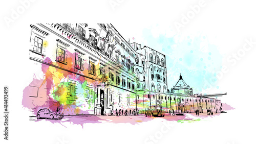 Building view with landmark of Sicily is the
Italian region. Watercolour splash with hand drawn sketch illustration in vector.