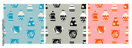 Various ceramic Vases. Different shapes. Antique, ancient ceramics. Pottery concept. Different textures. Hand drawn Vector seamless Patterns. Set of three Square repeating Backgrounds, wallpapers