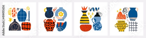 Ceramic Vases and random Abstract doodle objects. Abstraction, Pottery concept. Various textures. Hand drawn Vector illustration. Colorful Template. Set of Pre-made Posters or Prints. Contemporary Art
