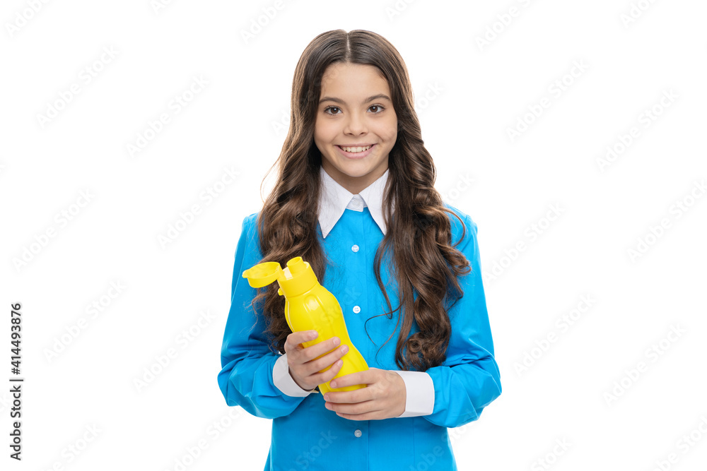 Happy girl hold bottle yogurt isolated on white, dairy Happy girl hold bottle yogurt isolated on white, dairy