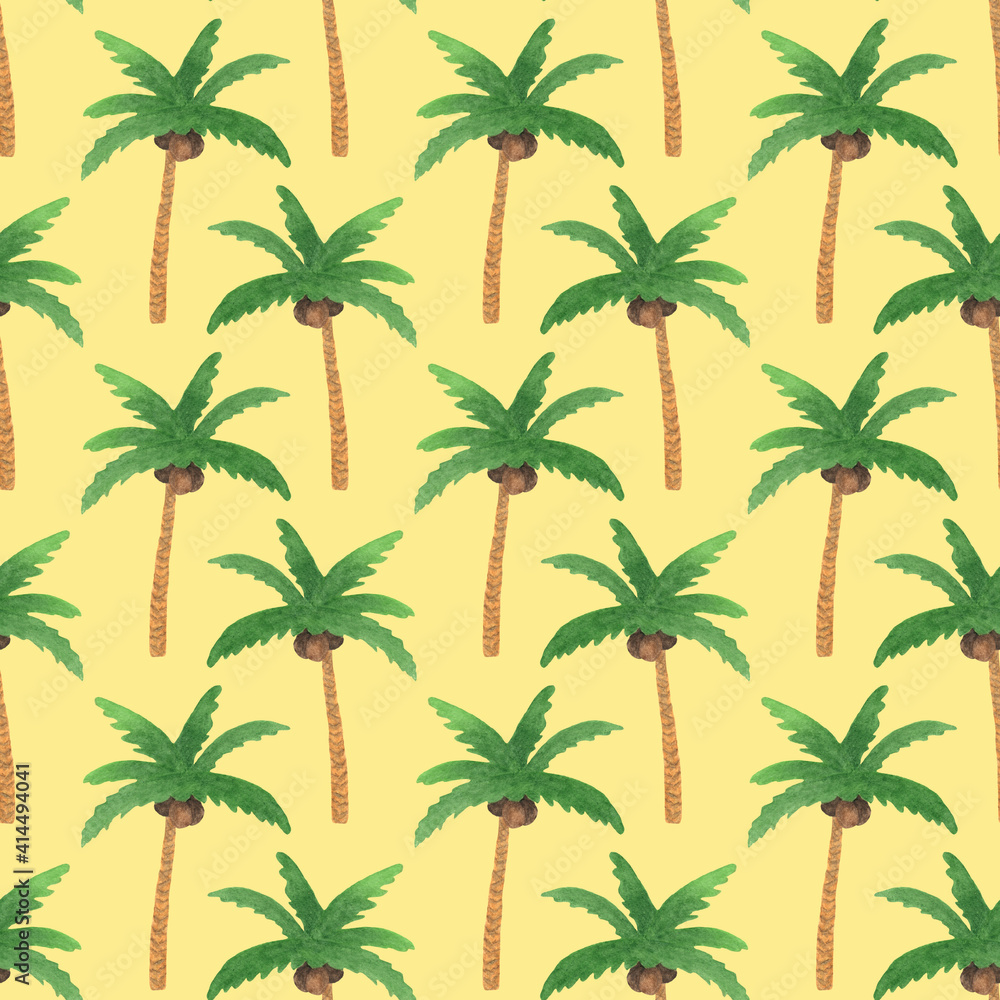 Beautiful seamless tropical pattern background with watercolor painted palm trees. Colorful summer background.